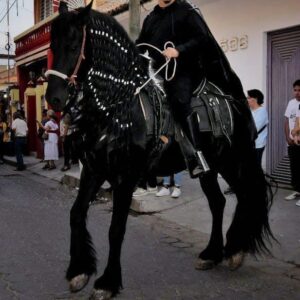 Vestido de El Zorro alcalde de Comitán presume caballo de un millón de pesos en la feria de Chiapa de Corzo