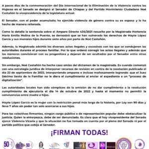 El feminismo alza la voz contra el partido Movimiento Ciudadano que nombra al violentador Noé Castañón Ramírez como vicepresidente del Senado