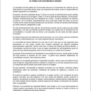 Mas de 20 muertos y cientos de desplazados por la violencia denuncian habitantes de Chicomuselo