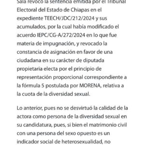 Sala Xalapa TEPJF revoca diputación a activista LGBT en Chiapas. La decisión afecta a una comunidad vulnerable, reclaman activistas.