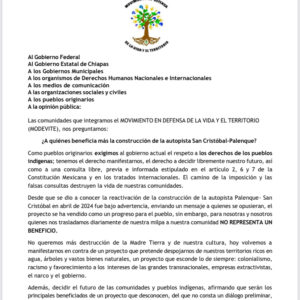 Modevite, rechaza la autopista San Cristóbal de las Casas – Palenque; asegura que su construcción está siendo bajo advertencia