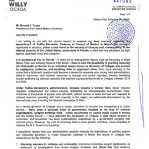 Willy Ochoa acusa a Rutilio Escandón de tener nexos con el narco en carta dirigida a Trump