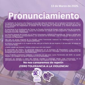 Colectiva feminista 50 más 1 denuncia dos feminicidios en las ultimas horas en los municipios de Mapastepec y El Parral