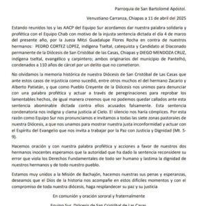 Equipo sur de la diócesis de San Cristóbal llama a las zonas pastorales a realizar peregrinaciones para reprobar la sentencia de 110 años contra dos tsetales